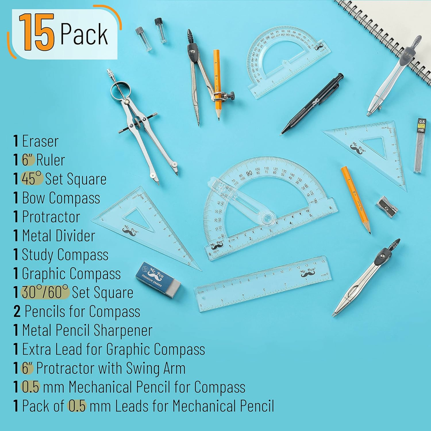 Mr. Pen 15 Piece Geometry Set for Students
