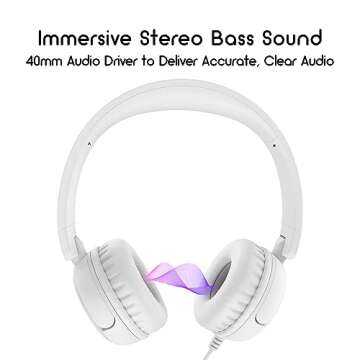 IMYB Kids Headphones, V1 Wired Stereo Foldable Tangle-Free 3.5mm Adjustable On-Ear Headphones for Kids for School/Toddlers/Childrens/Teens/Boys/Girls/Ipad/Tablet/Kindle/Phones/Travel/Plane (White)