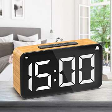 Digital Alarm Clock, 6" LED Digit Display Wood Grain Alarm Clock, Snooze Function, 6 Brightness Dimmer, USB Charged,Modern minimalist style Alarm Clocks for Bedroom Decor, Desk, Bedside, Office
