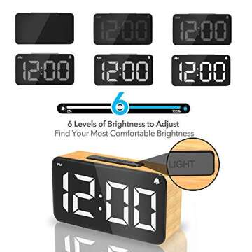 Digital Alarm Clock, 6" LED Digit Display Wood Grain Alarm Clock, Snooze Function, 6 Brightness Dimmer, USB Charged,Modern minimalist style Alarm Clocks for Bedroom Decor, Desk, Bedside, Office