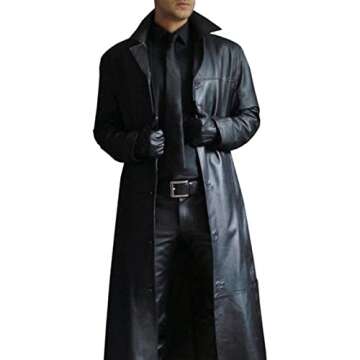 Kingspinner Mens Retro Leather Trench Coat Vintage Long Coats Steampunk Gothic Jacket Overcoat Windb...