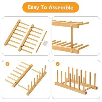 HBlife 2pcs Bamboo Dish Plate Bowl Cup Book Pot Lid Cutting Board Drying Rack Stand Drainer Storage Holder Organizer Kitchen Cabinet（Keep Dry）