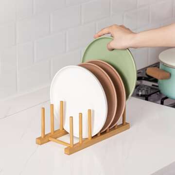 HBlife 2pcs Bamboo Dish Plate Bowl Cup Book Pot Lid Cutting Board Drying Rack Stand Drainer Storage Holder Organizer Kitchen Cabinet（Keep Dry）