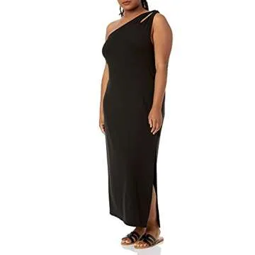 The Drop Women's Mickey Loose-fit One-Shoulder Cutout Rib Knit Maxi Dress, Black, 3X, Plus Size