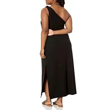 The Drop Women's Mickey Loose-fit One-Shoulder Cutout Rib Knit Maxi Dress, Black, 3X, Plus Size