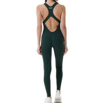 AUROLA Power Workout Jumpsuit for Women Yoga Gym Seamless One Piece Racerback Tummy Control Padded Bra Jumpsuit,Forest Green,L
