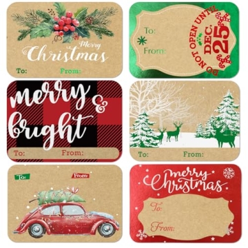 80-Count Foil Kraft Christmas Tags Stickers - 8 Jumbo Designs for Holiday Gifts