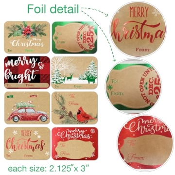 80-Count Foil Kraft Christmas Tags Stickers - 8 Designs