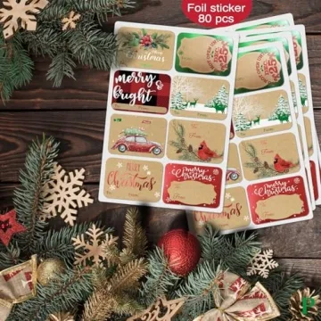 80-Count Foil Kraft Christmas Tags Stickers - 8 Designs