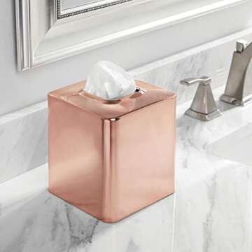 mDesign Metal Square Tissue Box Cover for Bathroom - Modern Steel Holder/Dispenser for Paper Facial Tissues - Bathroom Tissue Box Cube for Counter - Avia Collection - Rose Gold