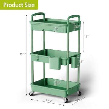 Sorgion 3 Tier Rolling Cart Organizer,Laundry Room Bathroom Organizers and Storage Office Shelves Mobile Shelving Unit Kitchen Trolley Cart with Wheels for Art,Craft,Diaper,Bedside,Snack(Green)