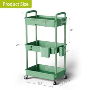Sorgion 3 Tier Rolling Cart Organizer,Laundry Room Bathroom Organizers and Storage Office Shelves Mobile Shelving Unit Kitchen Trolley Cart with Wheels for Art,Craft,Diaper,Bedside,Snack(Green)