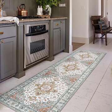 Moynesa Ultra-Thin Washable Runner Rug - 2'6" x 8' Hallway Runner Rug Washable Kitchen Rug Runner Bathroom Carpet Runner, Vintage Printed Low Pile Entryway Runners for Apartment Camper RV, Beige/Gold