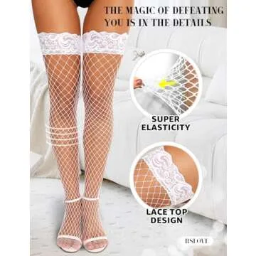 RSLOVE Women's Lace Top Fishnet Thigh-High Stockings with Antiskid Silicone Sexy Stay Up Tights Pantyhose White