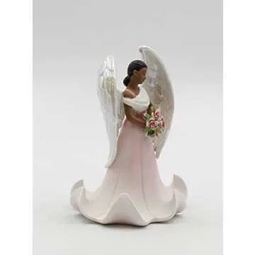 Fine Porcelain Ethnic African American Black Angel of Rose Flowers Collectible Figurine, 6-5/8" H