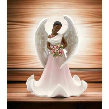 Fine Porcelain Ethnic African American Black Angel of Rose Flowers Collectible Figurine, 6-5/8" H