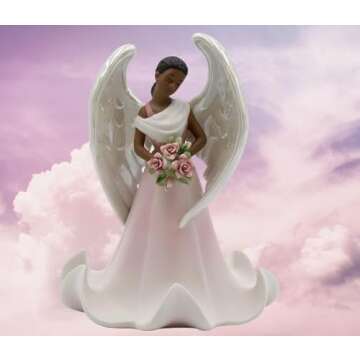 Fine Porcelain Ethnic African American Black Angel of Rose Flowers Collectible Figurine, 6-5/8" H