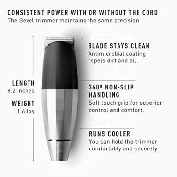 Bevel Beard Trimmer for Men - Cordless Trimmer, 6 Hour Rechargeable Battery Life, Tool Free Adjustable Zero Gapped Blade, Barber Supplies, Mustache Trimmer, Silver