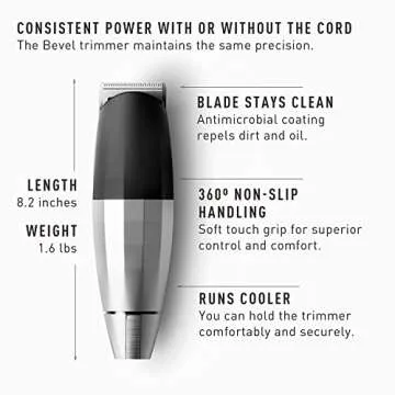 Bevel Beard Trimmer for Men - Cordless Trimmer, 6 Hour Rechargeable Battery Life, Tool Free Adjustable Zero Gapped Blade, Barber Supplies, Mustache Trimmer, Silver