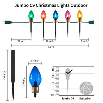 Christmas Lights Jumbo C9 Outdoor Lawn Decorations with Pathway Marker Stakes, 8.5ft C7 Lights Covered Jumbo Glitter Multicolor Bulb for Holiday Outside Yard Garden Decor, 5 Lights