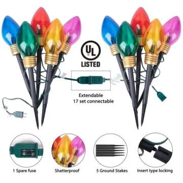 Christmas Lights Jumbo C9 Outdoor Lawn Decorations with Pathway Marker Stakes, 8.5ft C7 Lights Covered Jumbo Glitter Multicolor Bulb for Holiday Outside Yard Garden Decor, 5 Lights