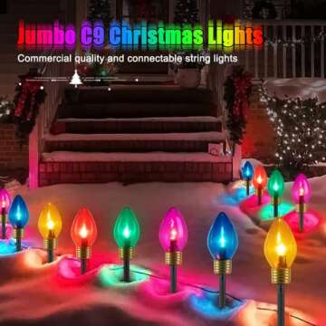 Christmas Lights Jumbo C9 Outdoor Lawn Decorations with Pathway Marker Stakes, 8.5ft C7 Lights Covered Jumbo Glitter Multicolor Bulb for Holiday Outside Yard Garden Decor, 5 Lights