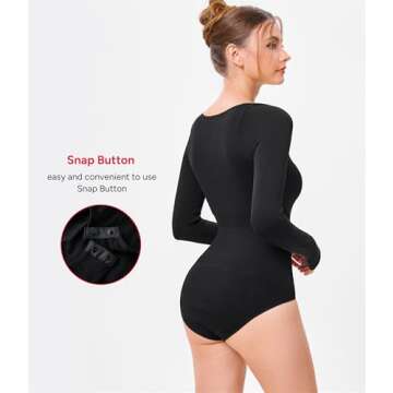 Nebility Black Long Sleeve Bodysuit for Women Tummy Control Crew Neck Body Suits Tops Slim Fit