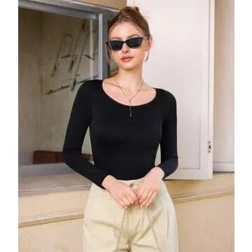Nebility Black Long Sleeve Bodysuit for Women Tummy Control Crew Neck Body Suits Tops Slim Fit