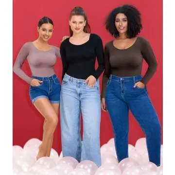 Nebility Black Long Sleeve Bodysuit for Women Tummy Control Crew Neck Body Suits Tops Slim Fit