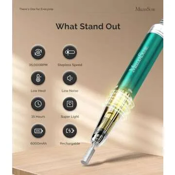 MelodySusie 35000RPM MM400C Nail Drill Professional, Rechargeable Cordless Nail Drill Machine Portable Efile for Acrylic Gel Nails Remove, 8Pcs Nail Drill Bits, Low Noise Low Heat, Sparkle Plus, Green