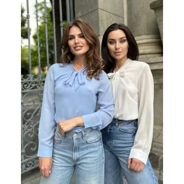 ACEVOG Chiffon Blouses Womens Long Sleeve Collared Work Blouse with Tie Light Blue Small