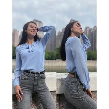 ACEVOG Chiffon Blouses Womens Long Sleeve Collared Work Blouse with Tie Light Blue Small