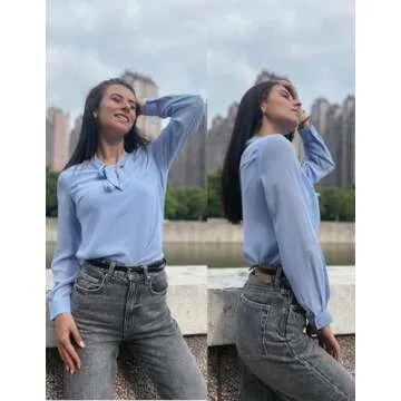 ACEVOG Chiffon Blouses Womens Long Sleeve Collared Work Blouse with Tie Light Blue Small