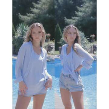 ACEVOG Chiffon Blouses Womens Long Sleeve Collared Work Blouse with Tie Light Blue Small