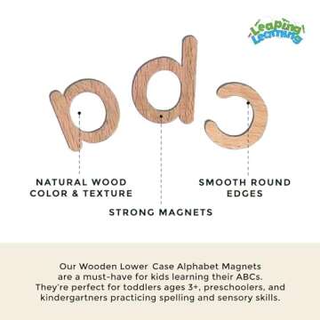 Leaping Learning Lower Case Wooden Letters Alphabet Magnets Set - Educational Toy for toddlers - Magnetic Letters for Refrigerator & School Board - For Letter Recognition & Spelling - Toys for Kids 3+