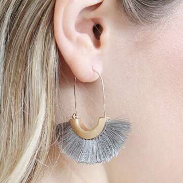 Bohemian Silky Thread Tassel Strand Fringe Statement Hoop Earrings - Lightweight Semi Circle Fan Thr...