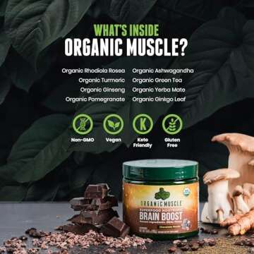 Organic Muscle Brain Boost Nootropics Blend - Vegan & Organic Superfood Health Supplements for Focus, Memory & Productivity with Ashwagandha, Ginkgo & Ginseng - Chocolate Flavor, 20 Servings