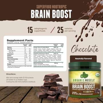 Organic Muscle Brain Boost Nootropics Blend - Vegan & Organic Superfood Health Supplements for Focus, Memory & Productivity with Ashwagandha, Ginkgo & Ginseng - Chocolate Flavor, 20 Servings
