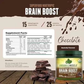 Organic Muscle Brain Boost Nootropics Blend - Vegan & Organic Superfood Health Supplements for Focus, Memory & Productivity with Ashwagandha, Ginkgo & Ginseng - Chocolate Flavor, 20 Servings