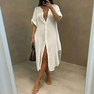 Womens Casual Button Down Shirt Dress Side Split Kimonos Swimsuit Cover up Beachwear White XL