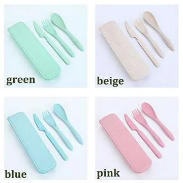 4 Sets Wheat Straw Cutlery,Portable Cutlery Spoon Knife Fork Tableware Set with Case for Adults Travel Picnic Camping Daily Use,Eco-Friendly BPA Free,4 Colors