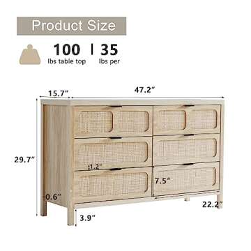 QEIUZON 6 Drawer Dresser, Modern Rattan Dresser Chest with Wide Drawers and Metal Handles, Farmhouse...