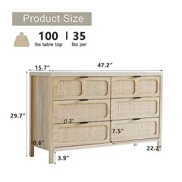 QEIUZON 6 Drawer Dresser: Modern Rattan Chest for Home Storage