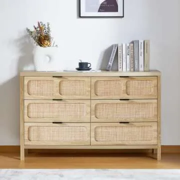 QEIUZON Modern 6 Drawer Rattan Dresser for Stylish Storage