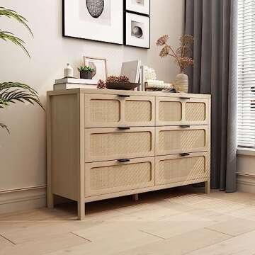 QEIUZON 6 Drawer Dresser, Modern Rattan Dresser Chest with Wide Drawers and Metal Handles, Farmhouse Wood Storage Chest of Drawers for Bedroom, Living Room, Hallway, Entryway (Natural-6 Drawers)