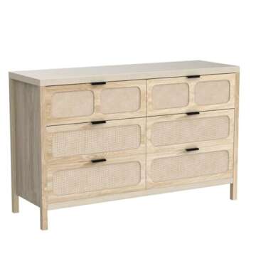 QEIUZON 6 Drawer Dresser, Modern Rattan Dresser Chest with Wide Drawers and Metal Handles, Farmhouse Wood Storage Chest of Drawers for Bedroom, Living Room, Hallway, Entryway (Natural-6 Drawers)