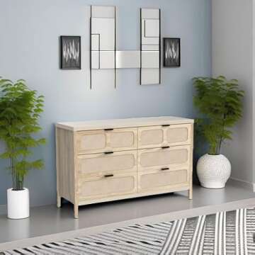 QEIUZON 6 Drawer Dresser, Modern Rattan Dresser Chest with Wide Drawers and Metal Handles, Farmhouse Wood Storage Chest of Drawers for Bedroom, Living Room, Hallway, Entryway (Natural-6 Drawers)