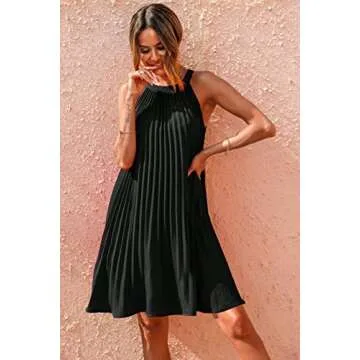 PRETTYGARDEN Womens Summer Dresses 2025 Cute Halter Neck Sleeveless Mini Dress Solid Color Flowy Pleated Beach Dress Sundress(X-Large, Black)