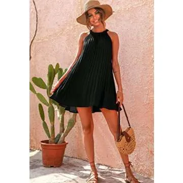 PRETTYGARDEN Womens Summer Dresses 2025 Cute Halter Neck Sleeveless Mini Dress Solid Color Flowy Pleated Beach Dress Sundress(X-Large, Black)