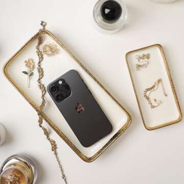 Ceramic Jewelry Dish Tray with Golden Rim,Small Decorative Tray,Trinket Dish,Ring Dish Holder,Gold and White Bathroom Vanity Tray,Holder Organizer for Candles Perfume Home Decor (Large 10×5.1")